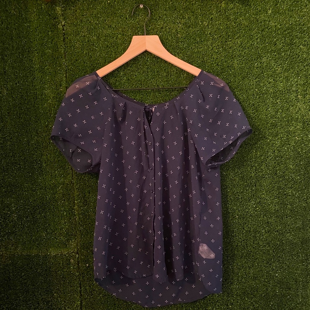 Old Navy Navy Blue Sheer Button Down Tie Neck Blouse